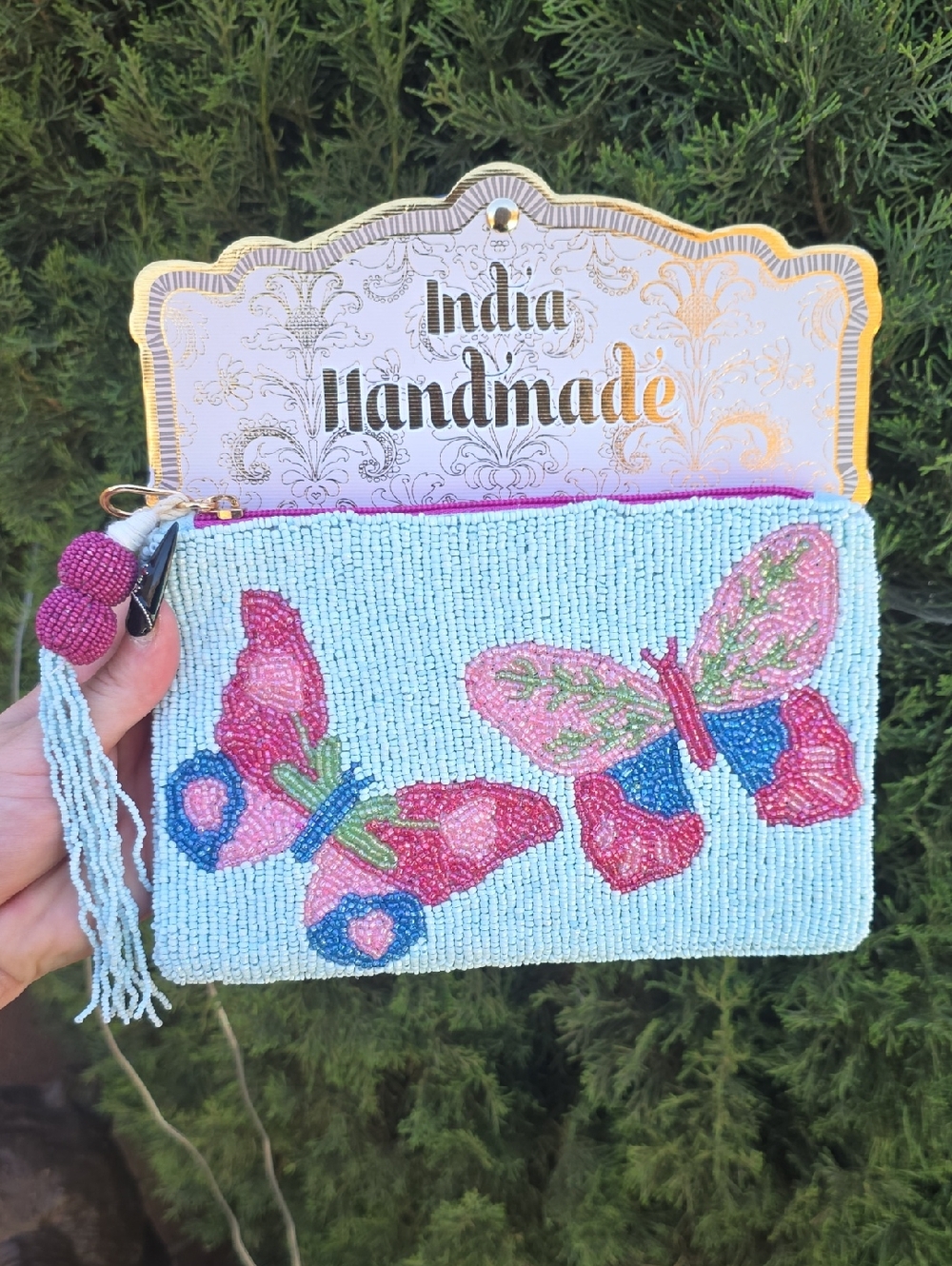 Light Blue Beaded Butterfly Clutch